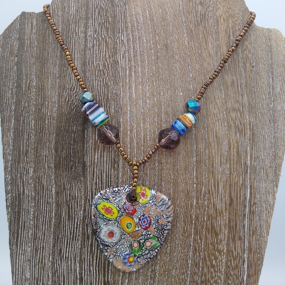 Murano Style Millefiori Resin or Glass Pendant Necklace with Bronze Beads - Picture 7 of 8